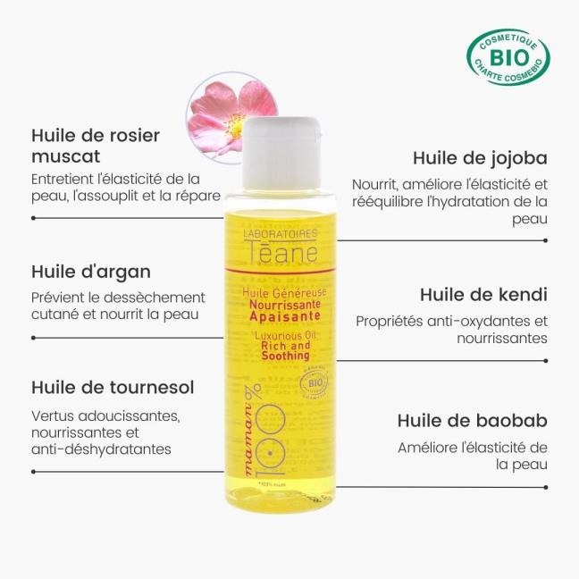 Actifs naturels de l'Huile Généreuse Apaisante anti-vergetures grossesse